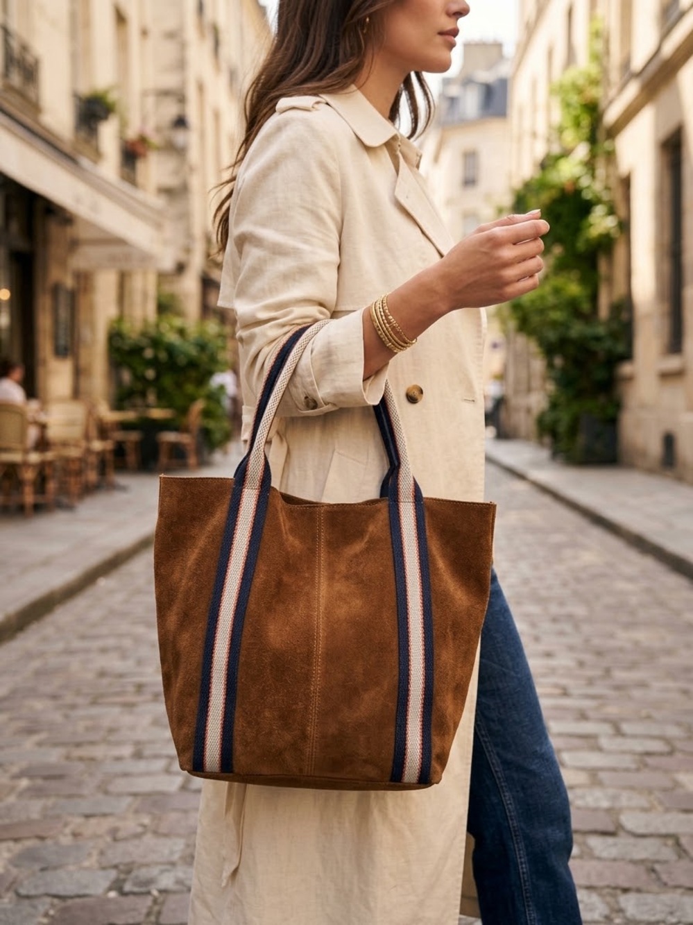 Borse in pelle, made in Italy Suede Stripe-Handle Tote Bag in Brown